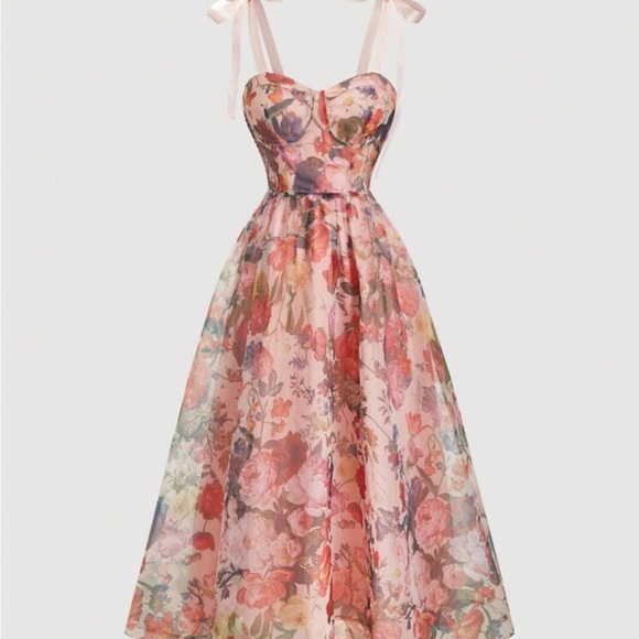 SHEIN Dresses & Skirts - SHEIN Pink Floral Midi Dress with Ribbon Straps